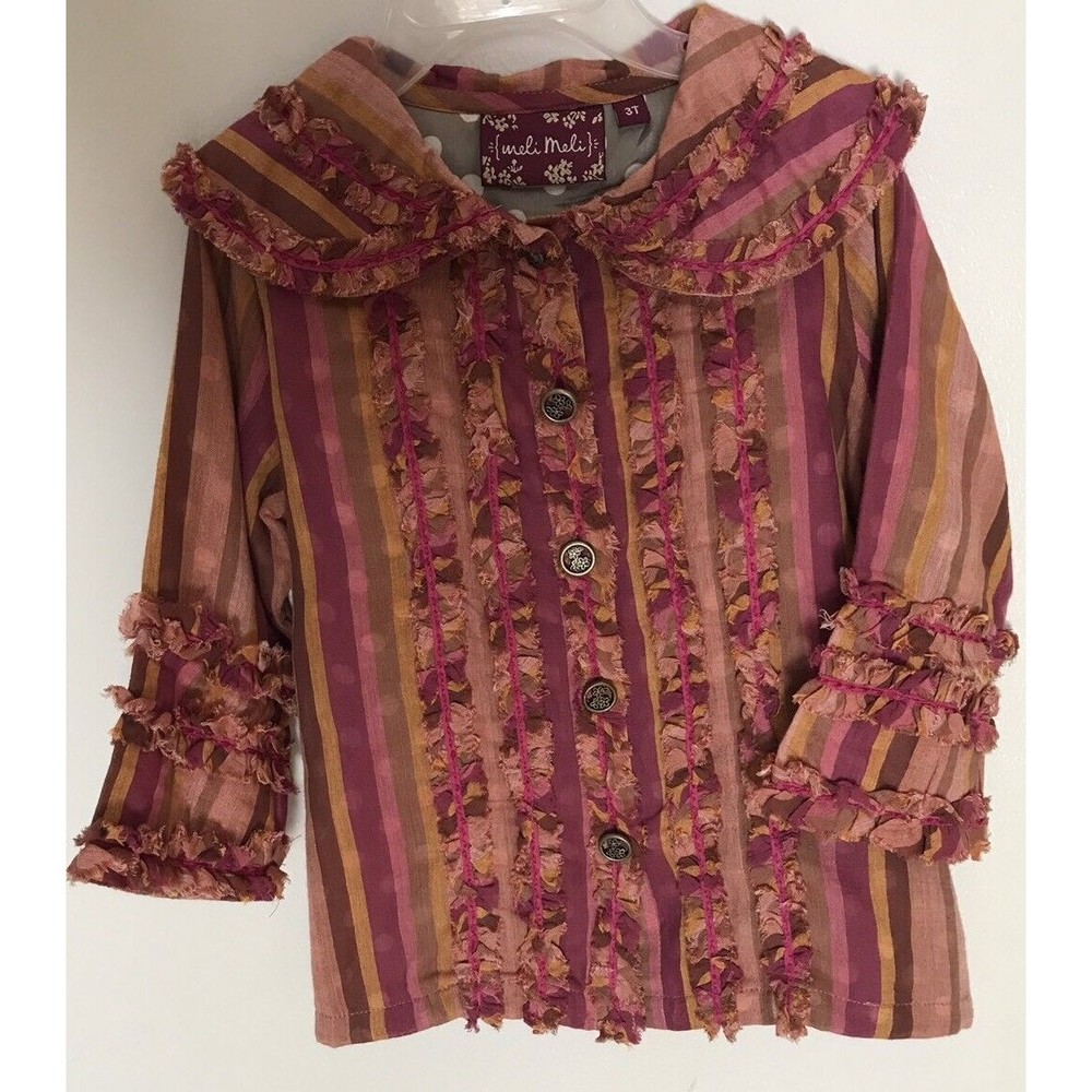 Meli Meli Top Blouse Button Down Shirt 3 T Cotton Silk Stripes Ruffles Lined